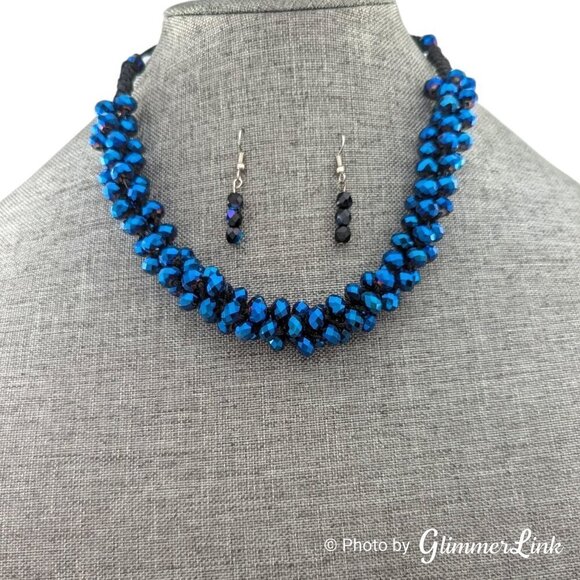 Blue Faceted AB Aurora Borealis Crystal Cluster Black Cord Bib Necklace - Picture 1 of 9